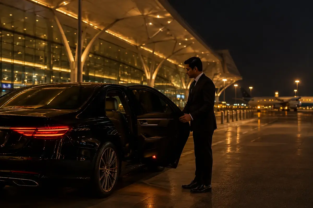 A chauffeur opening the car door outside an airport terminal at night