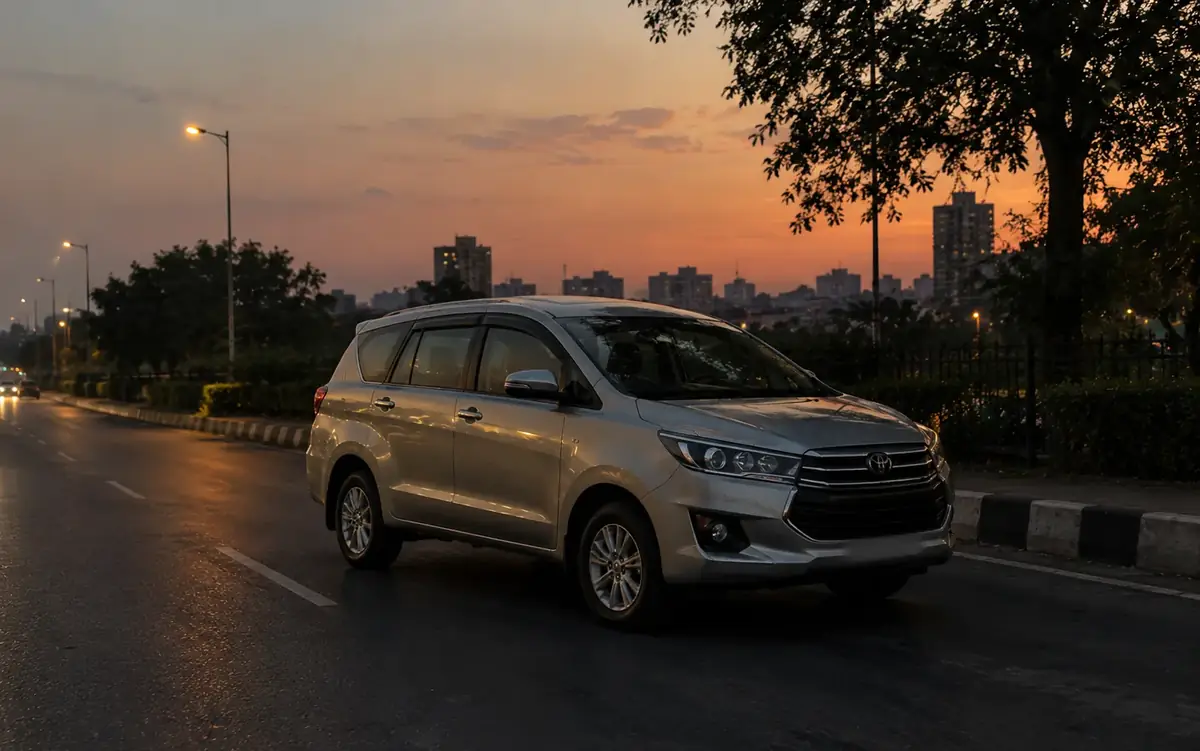Silver Toyota Innova style MUV available for hire with driver in Delhi