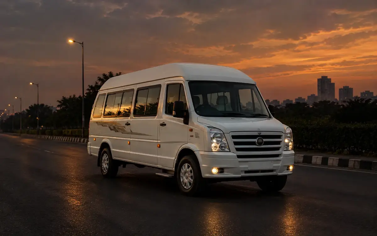 White Tempo Traveller 12-seater available for hire with driver in Delhi